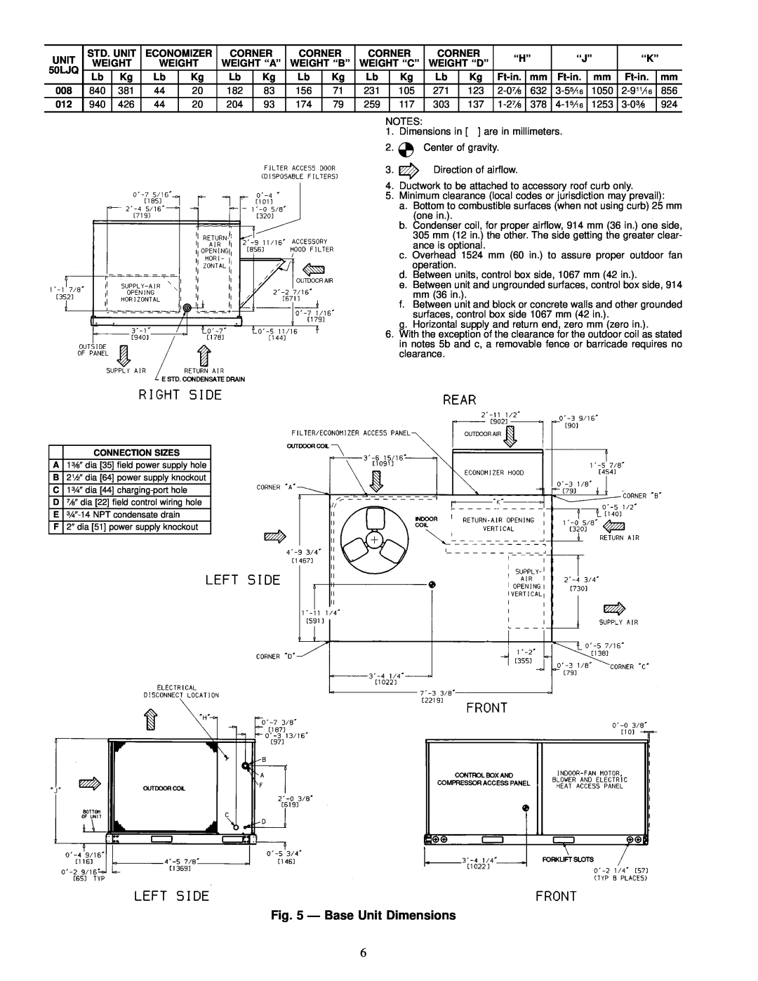 Carrier 50LJQ008, 012 installation instructions Ð Base Unit Dimensions 