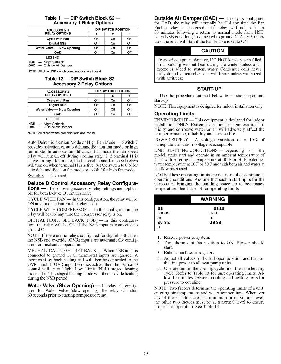 Carrier 50PCH specifications Start-Up, Operating Limits, DIP Switch Block S2 Accessory 1 Relay Options 