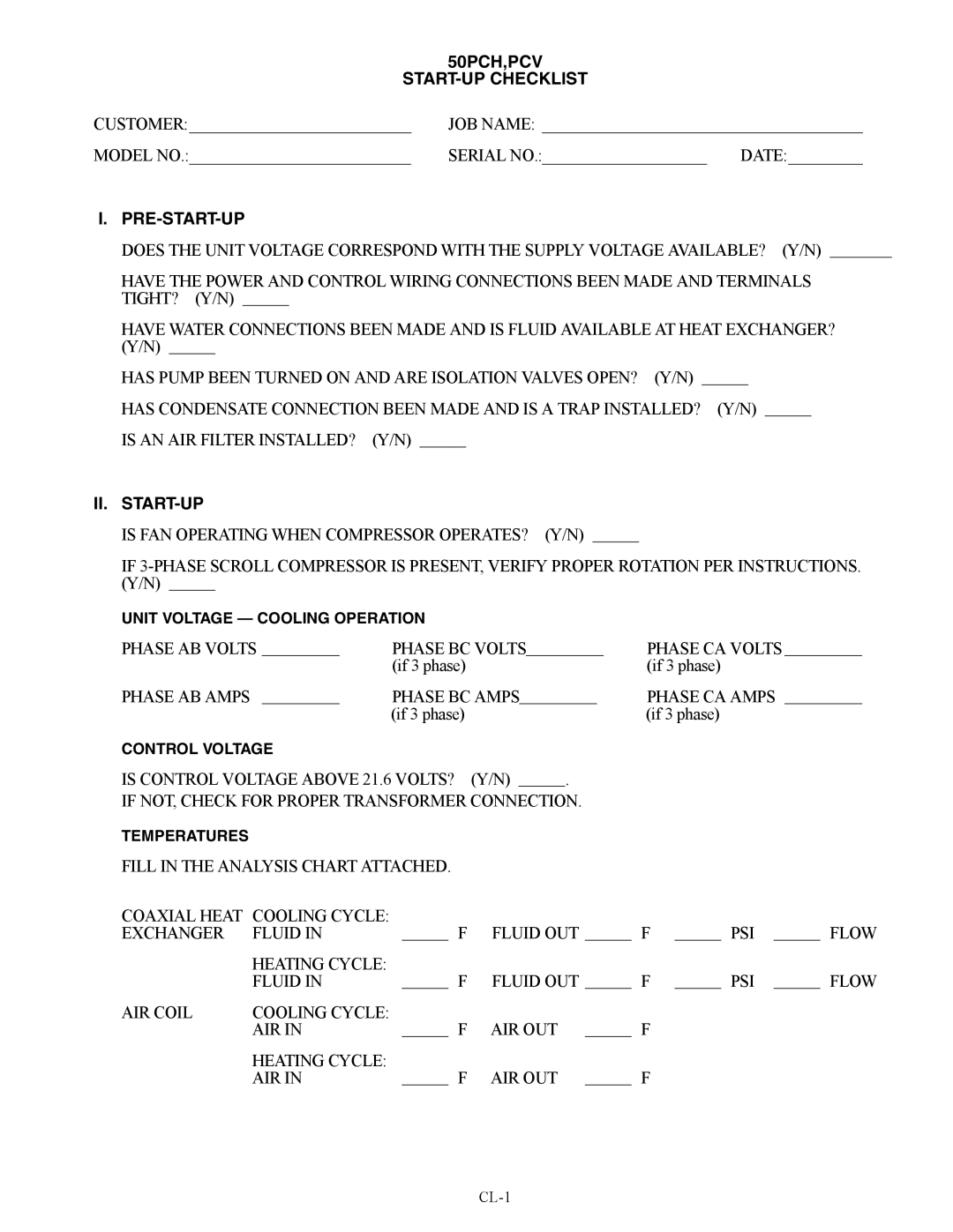 Carrier specifications 50PCH,PCV START-UP Checklist, Ii. Start-Up 