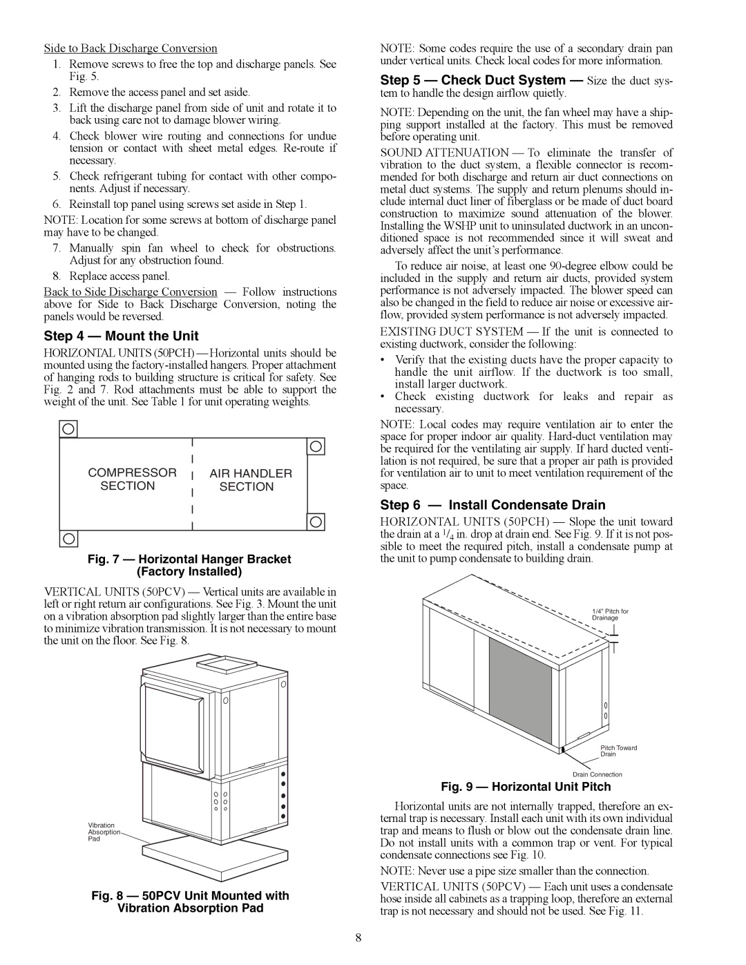 Carrier 50PCH specifications Mount the Unit, Install Condensate Drain, A50-8489, A50-6260ef 