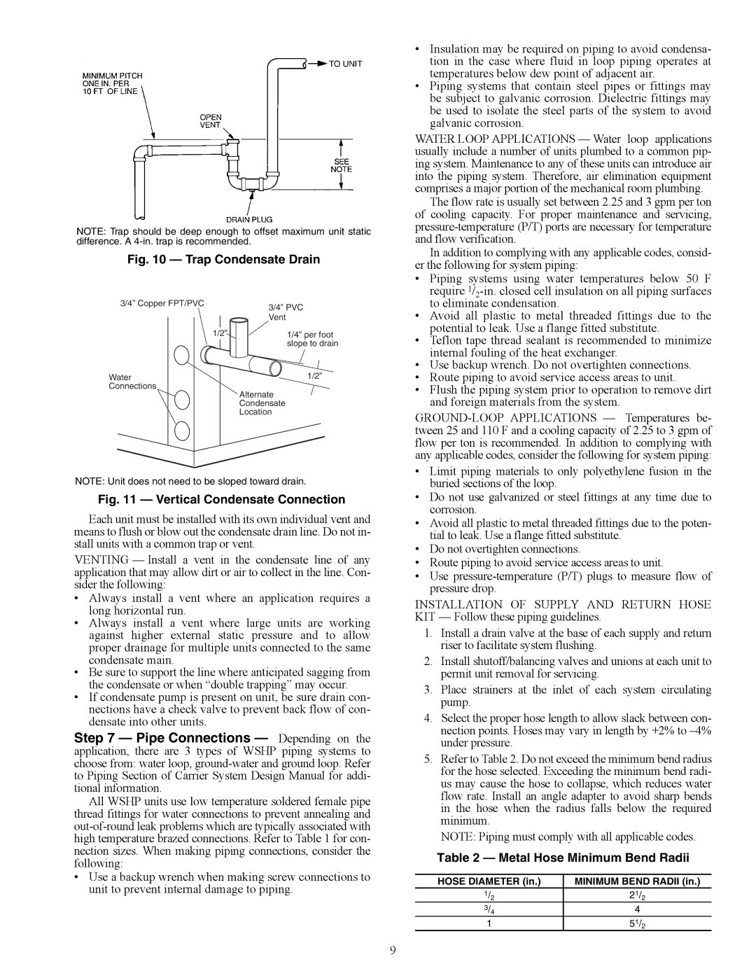 Carrier 50PCH specifications A50-6261tf, A50-6262ef, Metal Hose Minimum Bend Radii, Copper FPT/PVC 