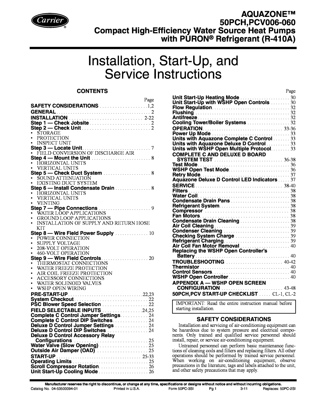 Carrier 50PCH specifications Contents, Safety Considerations, Installation, Start-Up,and Service Instructions 
