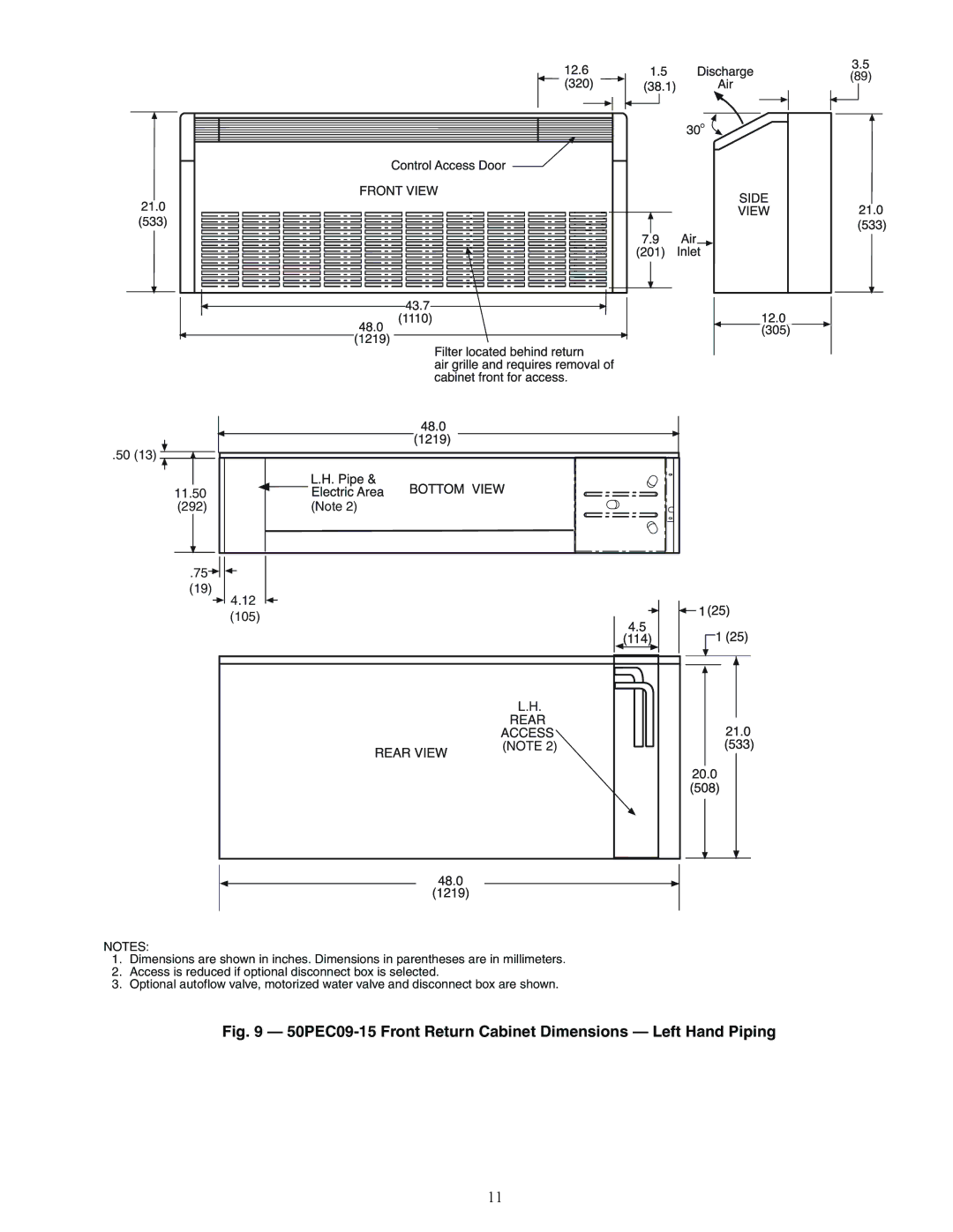 Carrier 50PEC09-18 specifications A50-8345, 50PEC09-15 Front Return Cabinet Dimensions Left Hand Piping 