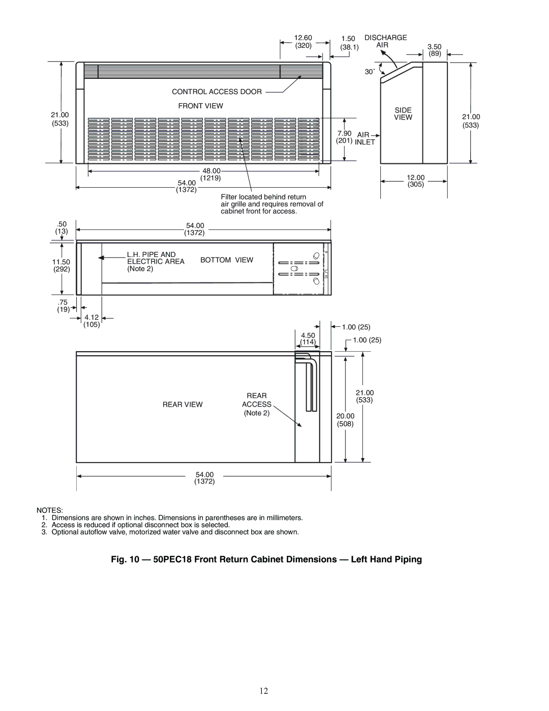 Carrier 50PEC09-18 specifications 50PEC18 Front Return Cabinet Dimensions Left Hand Piping 