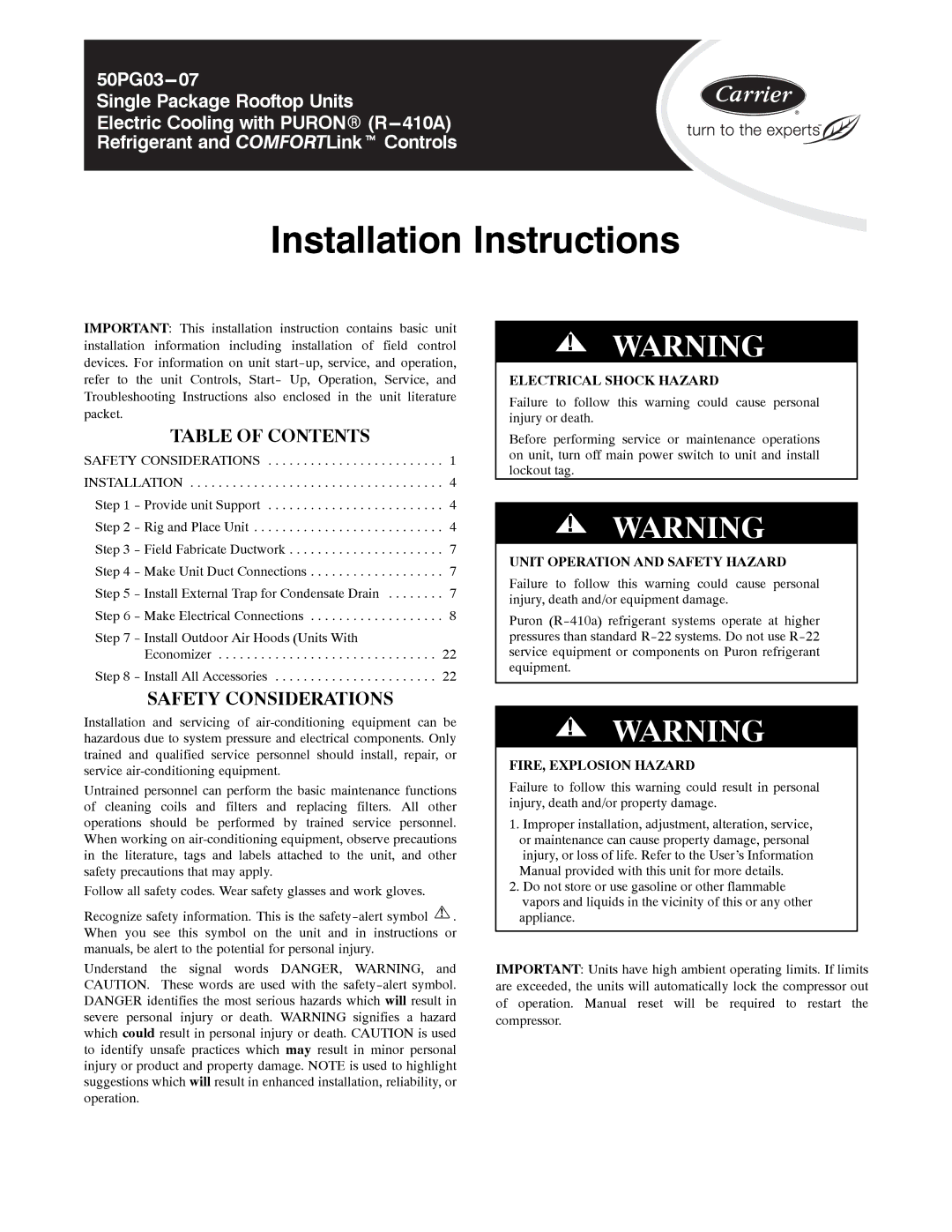 Carrier 50PG03-07 installation instructions Installation Instructions 