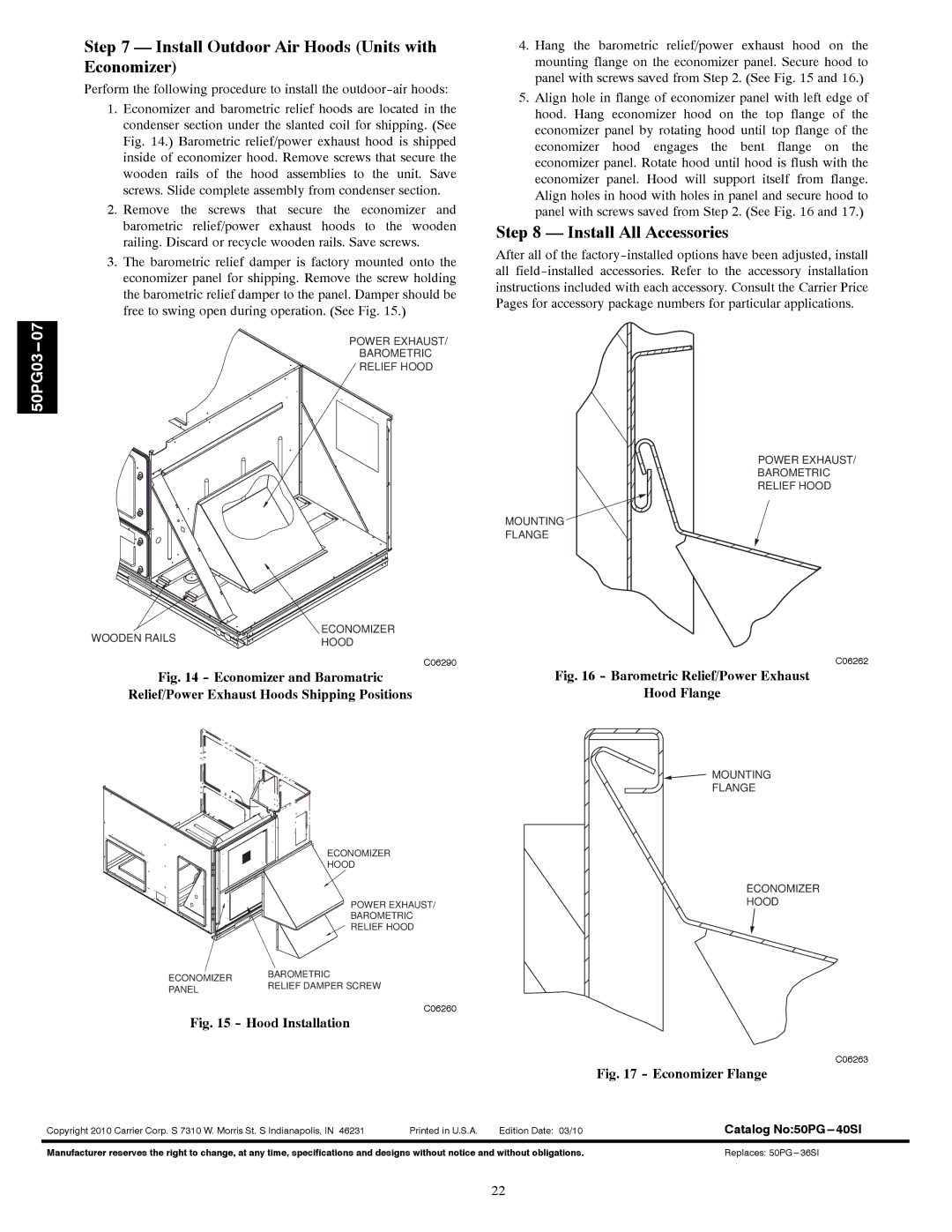 Carrier 50PG03-07 installation instructions Install Outdoor Air Hoods Units with Economizer, Install All Accessories 