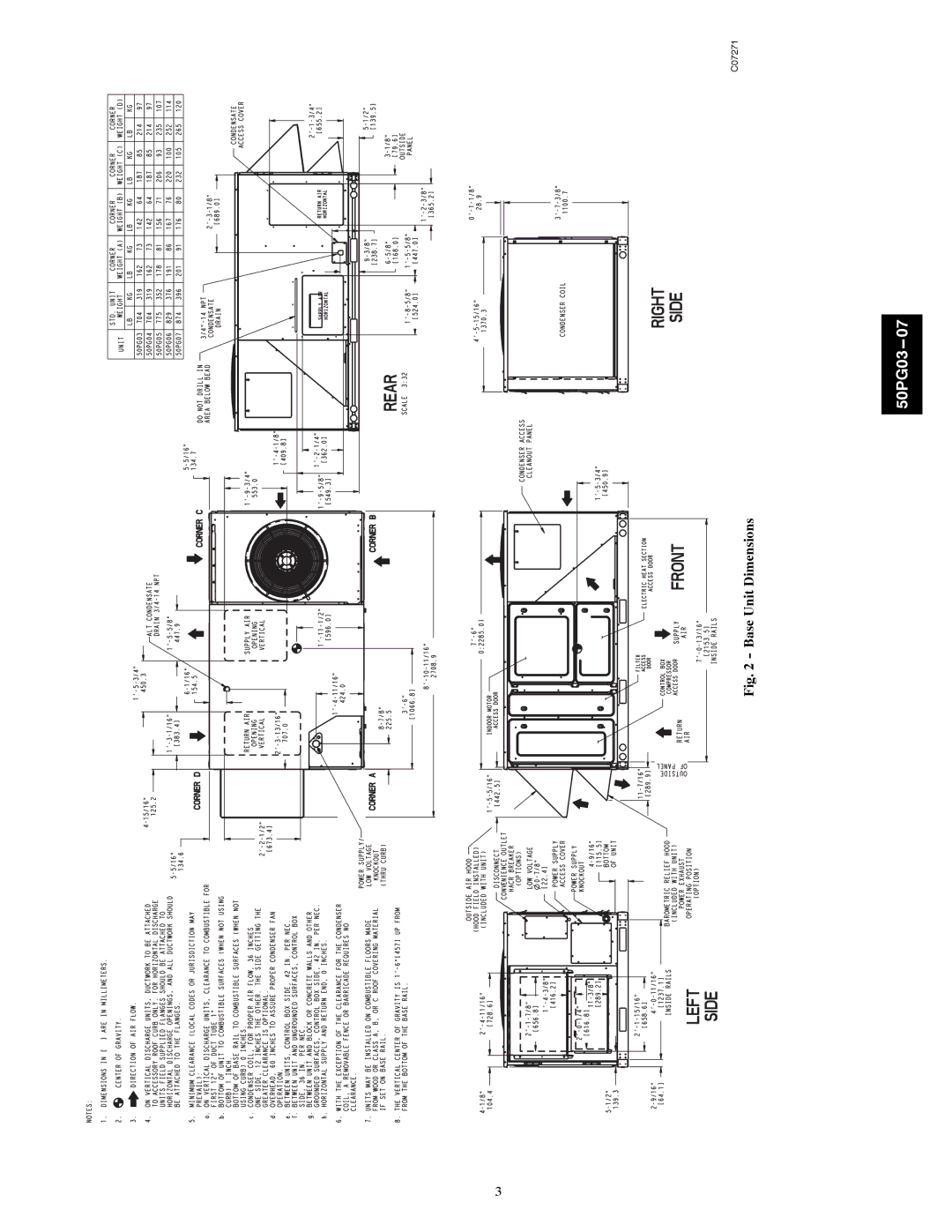 Carrier 50PG03-07 installation instructions Base Unit Dimensions 