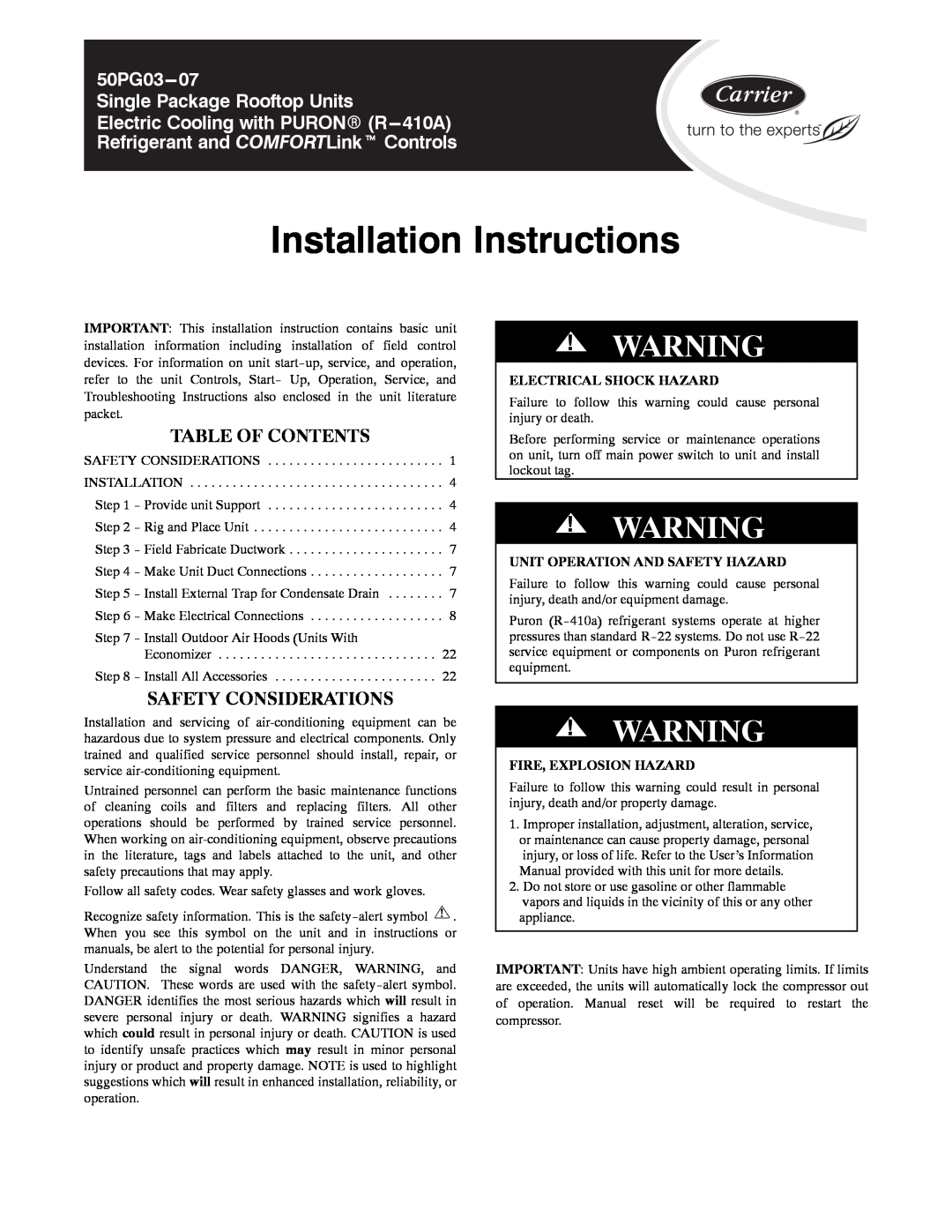 Carrier 50PG03-07 installation instructions Table Of Contents, Safety Considerations, Electrical Shock Hazard 