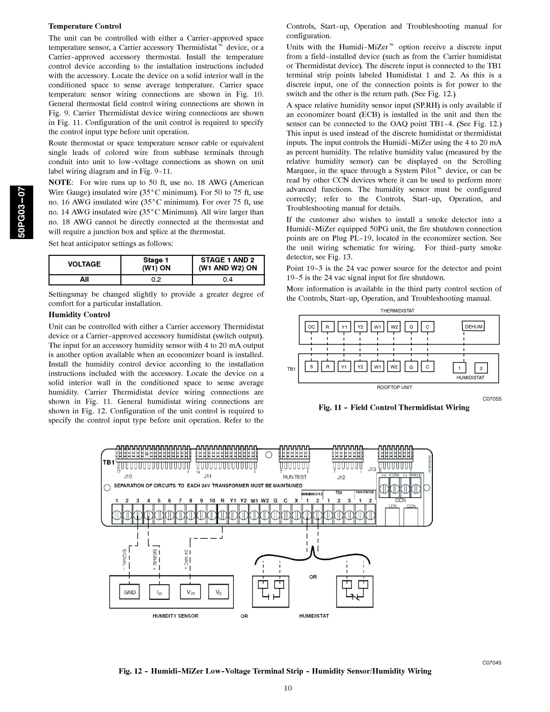 Carrier 50PG03-07 Temperature Control, Humidity Control, Field Control Thermidistat Wiring, 50PG03--07 