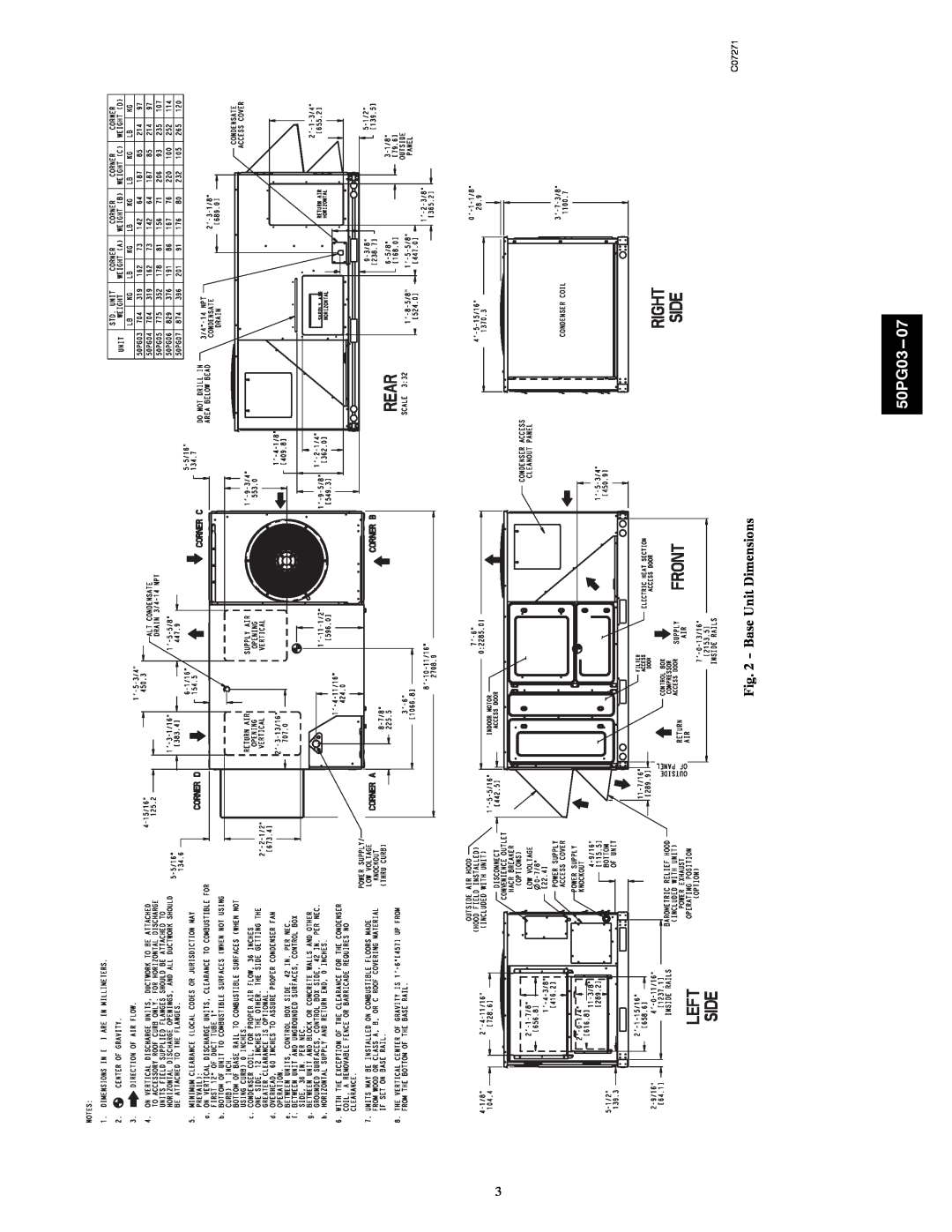 Carrier 50PG03-07 installation instructions Base Unit Dimensions, 50PG03--07, C07271 