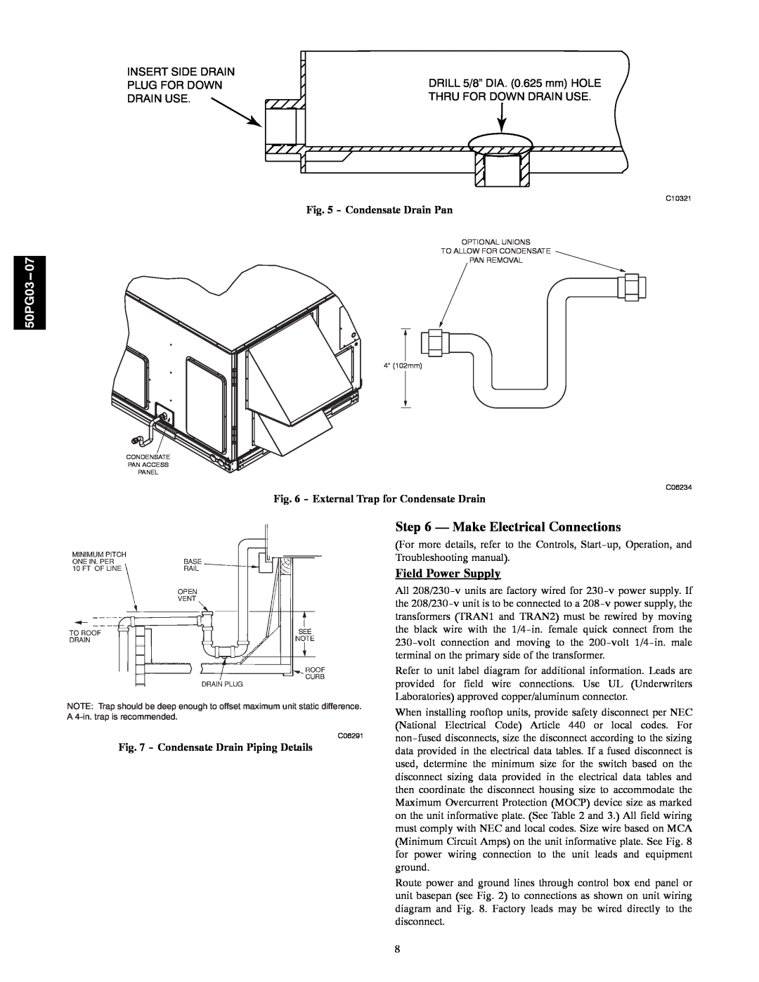 Carrier 50PG03-07 Make Electrical Connections, Field Power Supply, Condensate Drain Pan, Condensate Drain Piping Details 