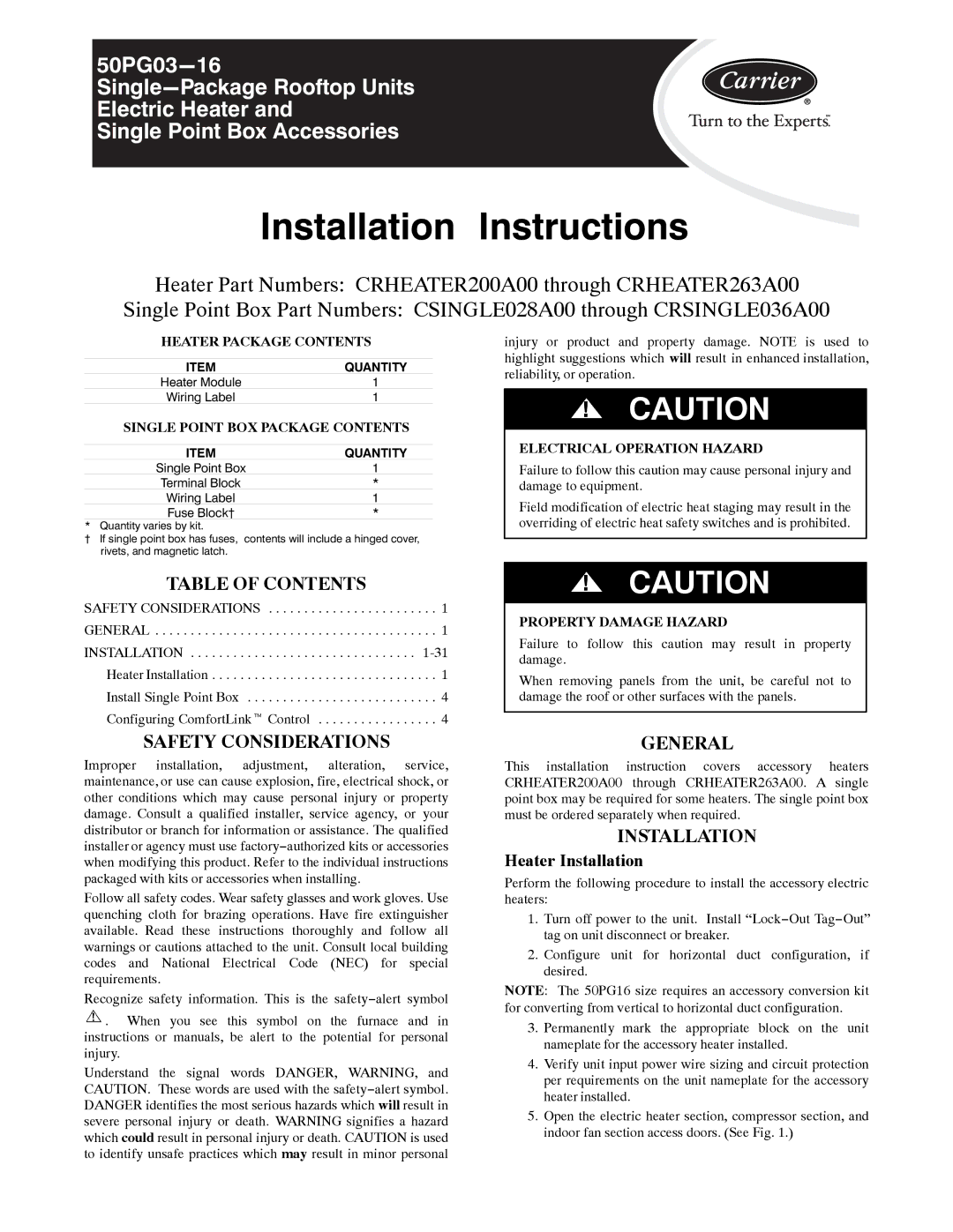 Carrier 50PG03-16 installation instructions Installation Instructions 