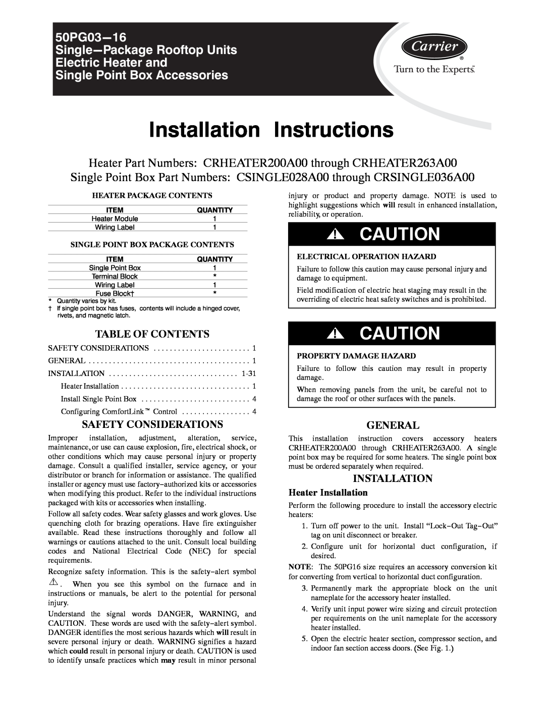 Carrier 50PG03-16 installation instructions Installation Instructions, 50PG03−16, Single Point Box Accessories 