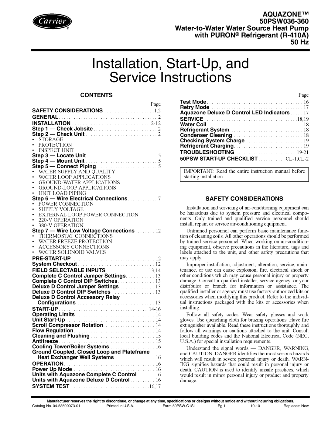 Carrier 50PSW036-360 specifications Contents, Safety Considerations 