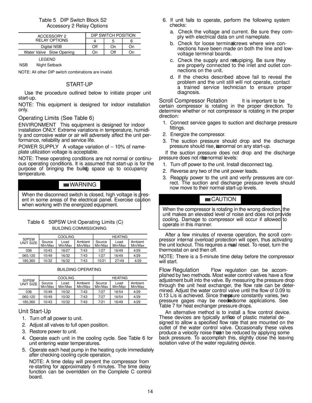 Carrier 50PSW036-360 Operating Limits See Table, Unit Start-Up, DIP Switch Block S2 Accessory 2 Relay Options 