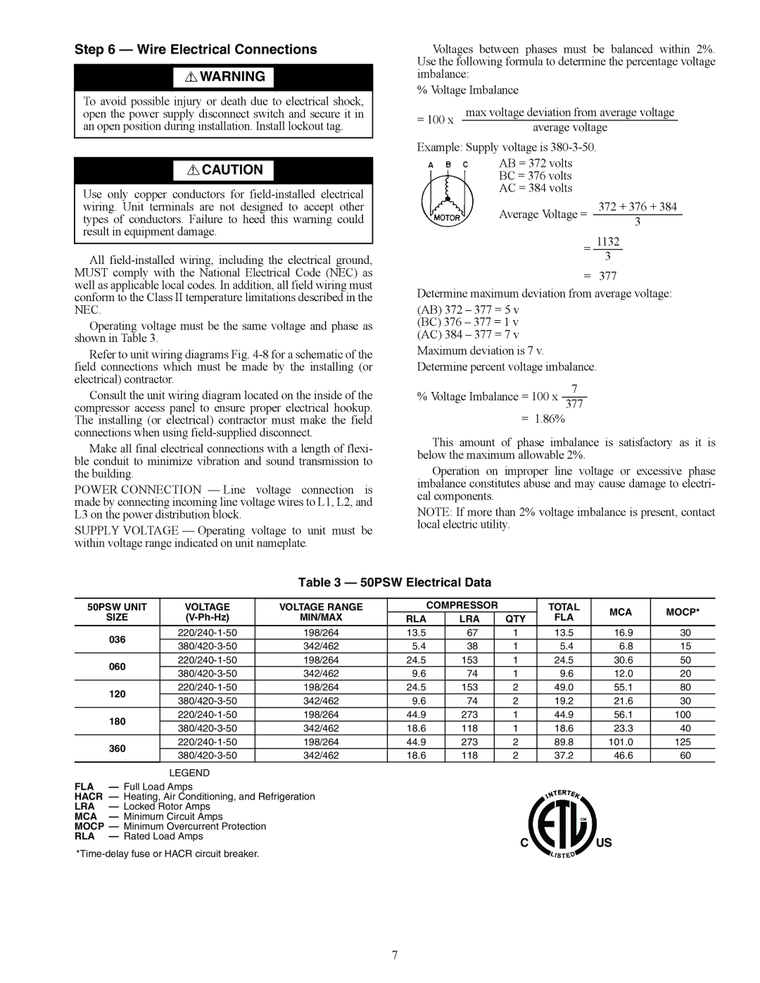 Carrier 50PSW036-360 specifications Wire Electrical Connections, 50PSW Electrical Data, Min/Max Rla Lra Qty Fla 