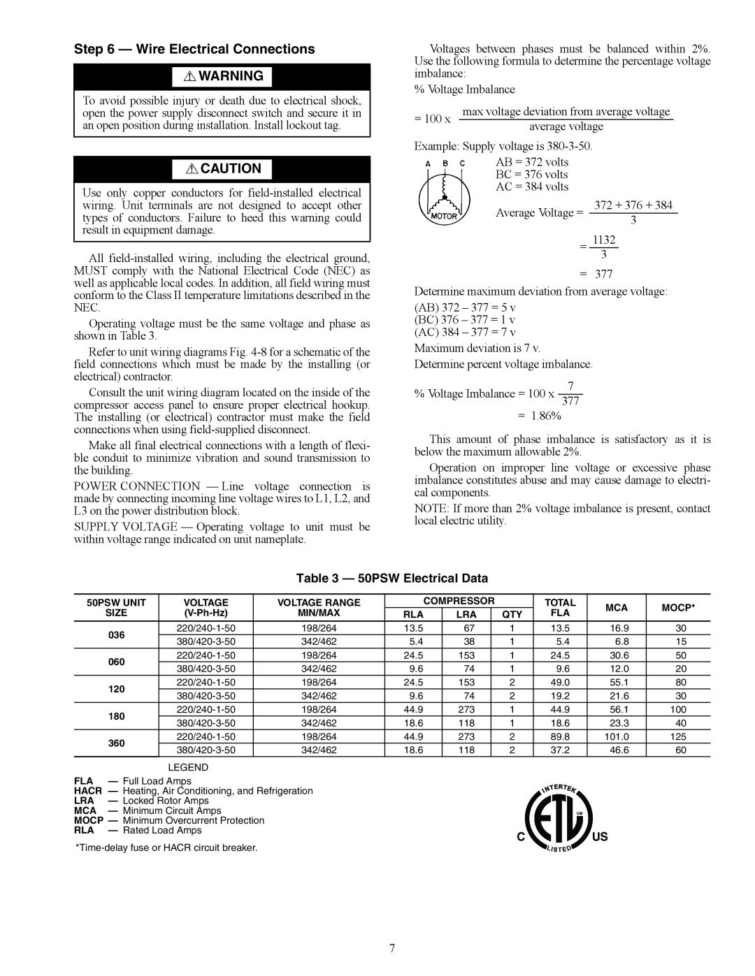 Carrier 50PSW036-360 specifications Wire Electrical Connections, 50PSW Electrical Data 