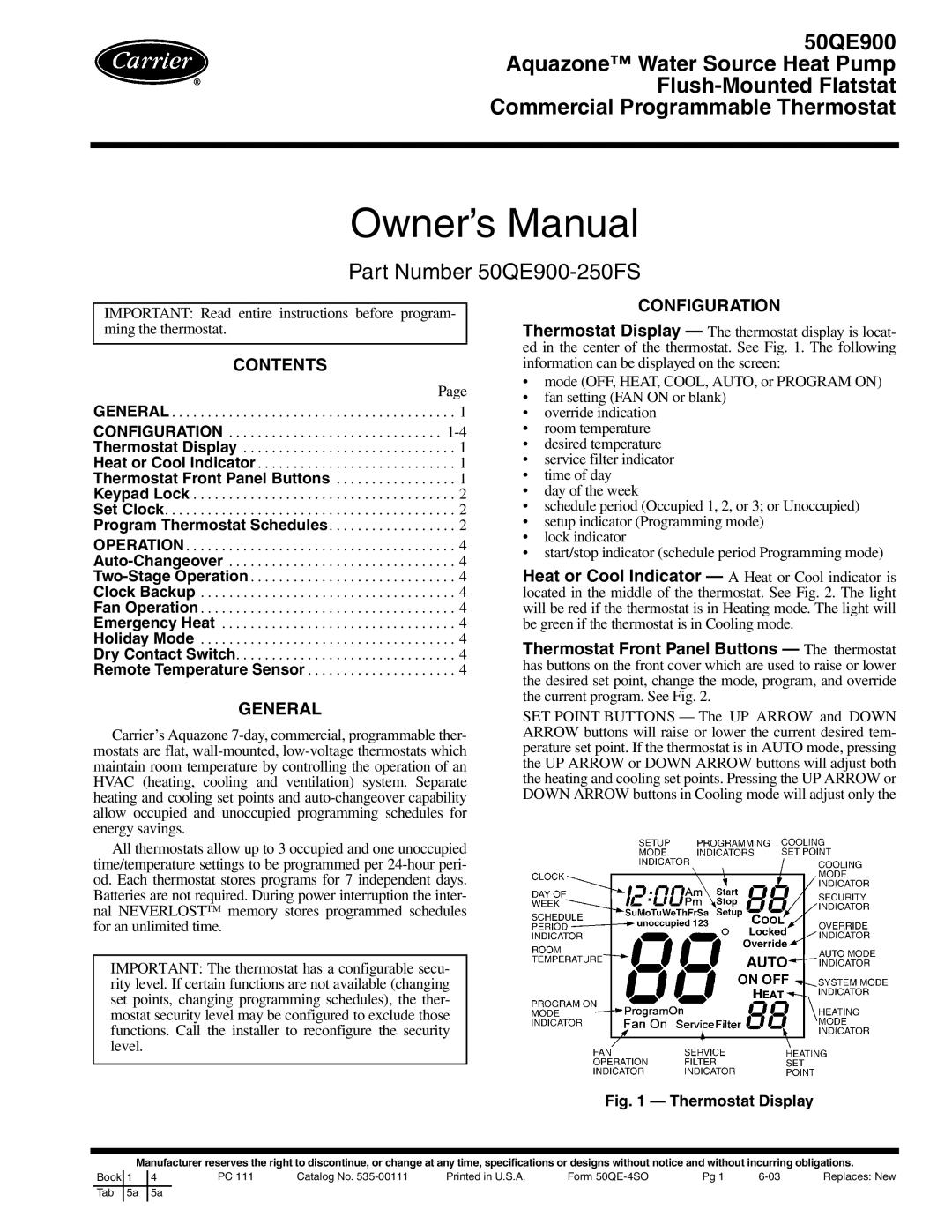 Carrier 50QE900-250FS owner manual Contents, General, Configuration 