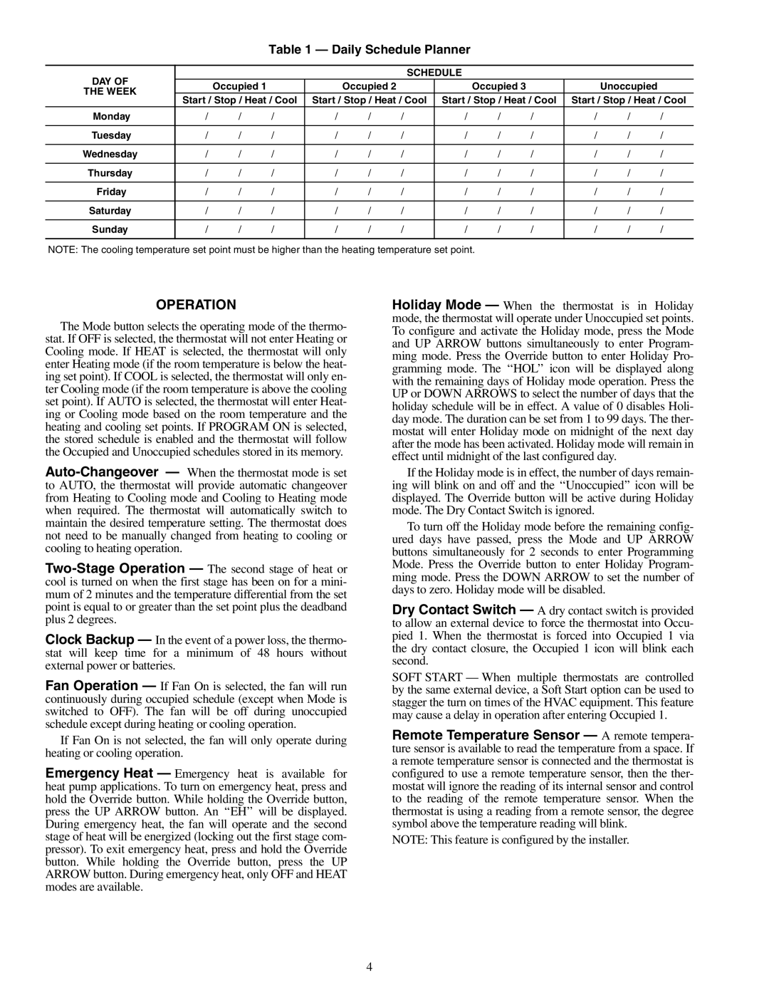 Carrier 50QE900-250FS owner manual Operation, Daily Schedule Planner 