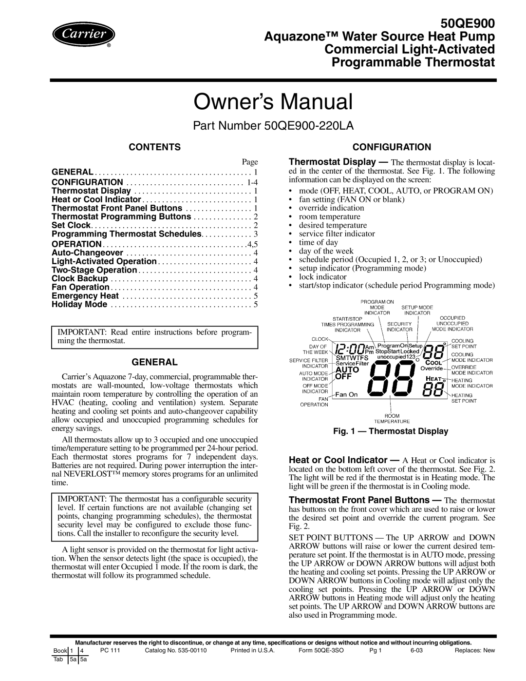 Carrier 50QE900 owner manual Contents, General, Configuration 