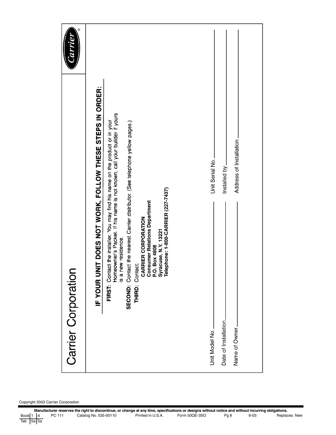 Carrier 50QE900 owner manual Copyright 2003 Carrier Corporation 