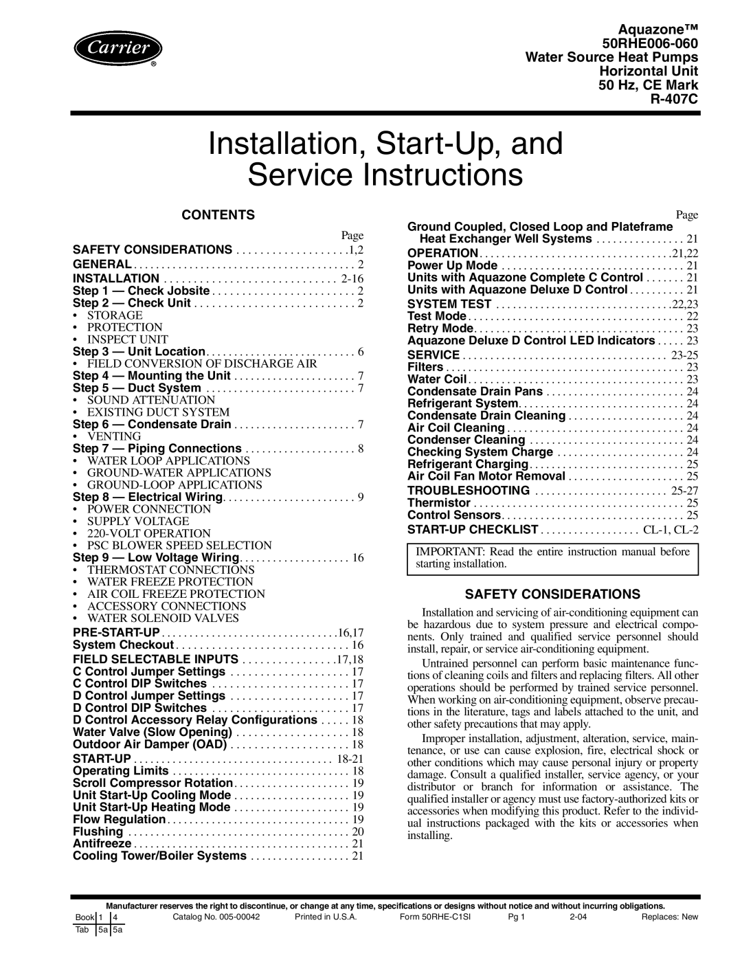 Carrier 50RHE006-060 specifications Contents, Safety Considerations 