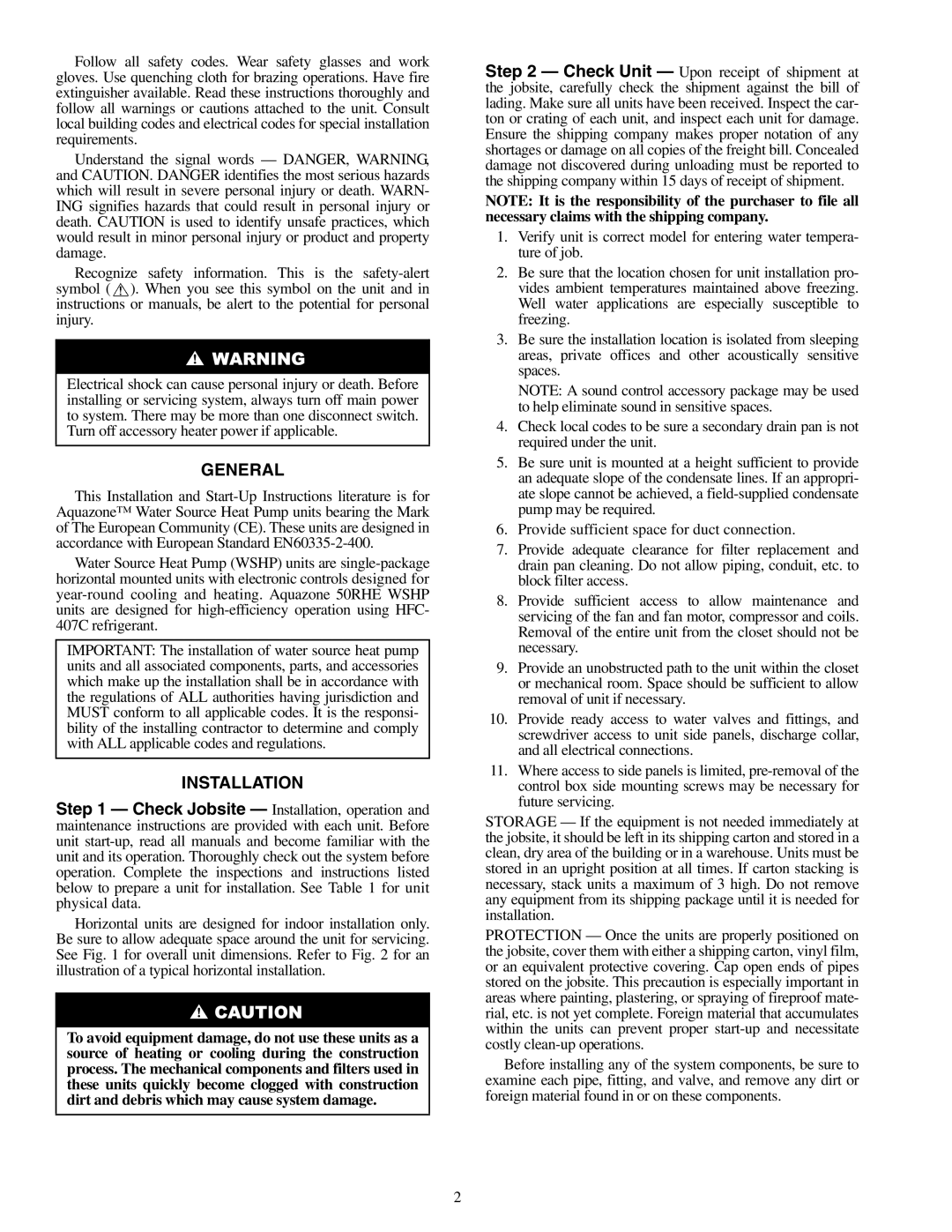 Carrier 50RHE006-060 specifications General, Installation 