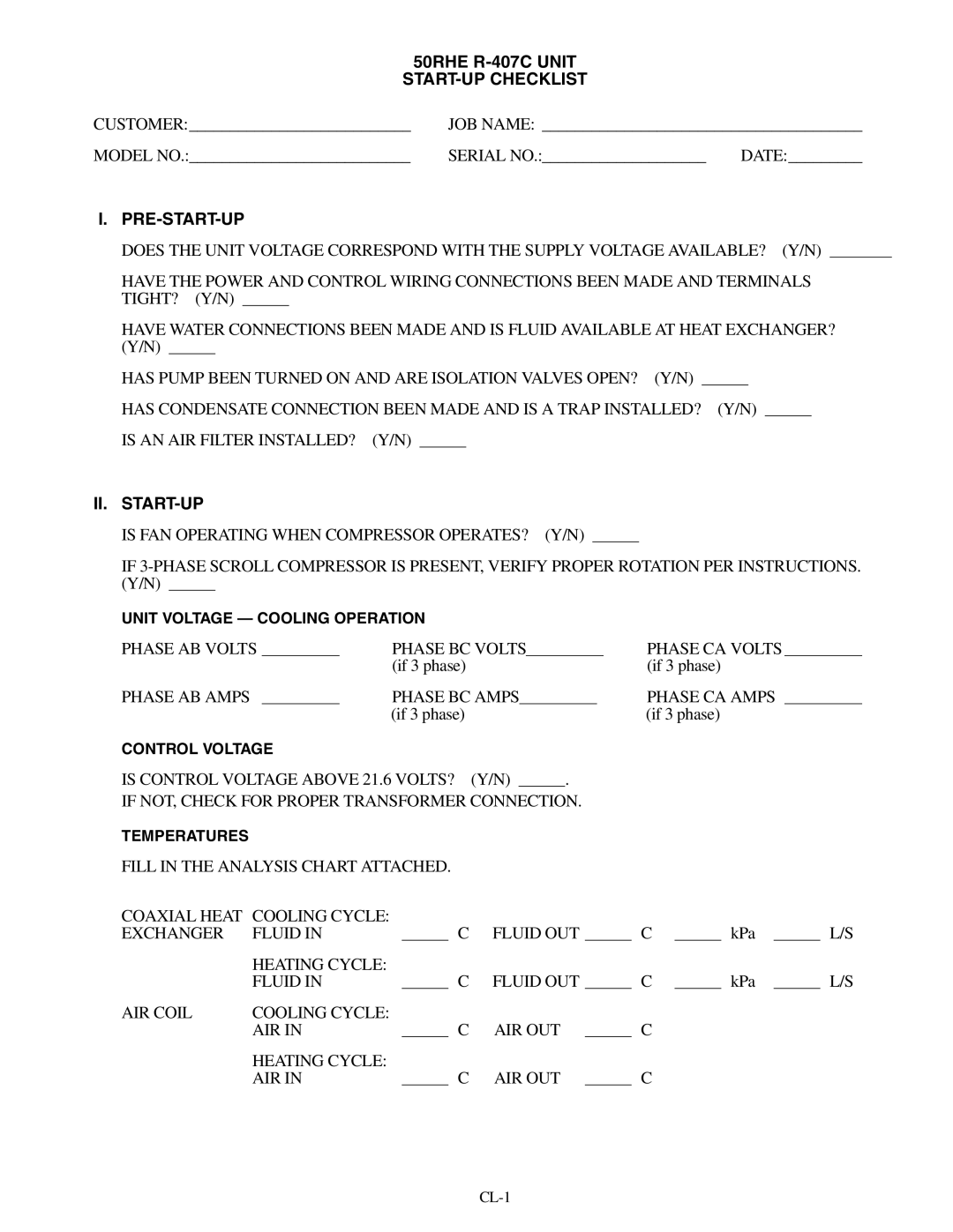 Carrier 50RHE006-060 specifications 50RHE R-407C Unit START-UP Checklist, Ii. Start-Up 