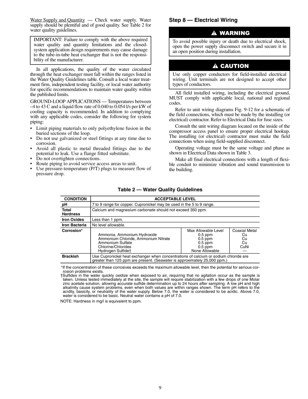Carrier 50RHE006-060 specifications Electrical Wiring, Water Quality Guidelines 