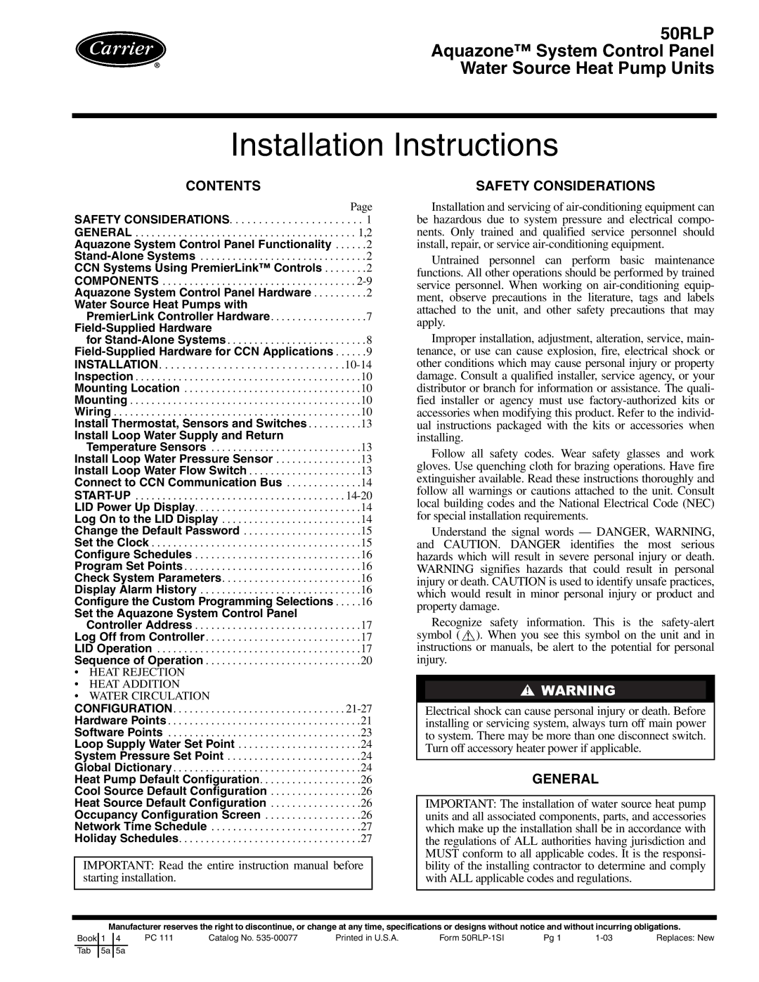 Carrier 50RLP installation instructions Contents, Safety Considerations, General 