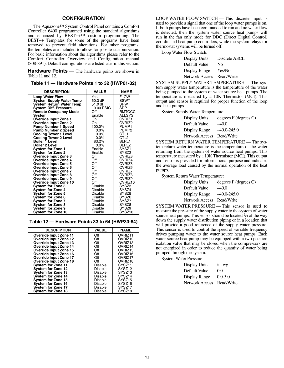 Carrier 50RLP Configuration, Hardware Points 1 to 32 HWP01-32, Hardware Points 33 to 64 HWP33-64, Description Value Name 