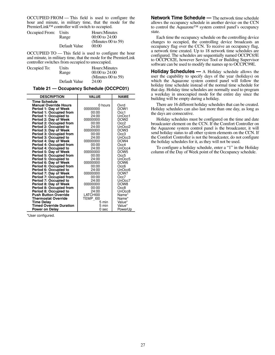 Carrier 50RLP installation instructions Occupancy Schedule OCCPC01 