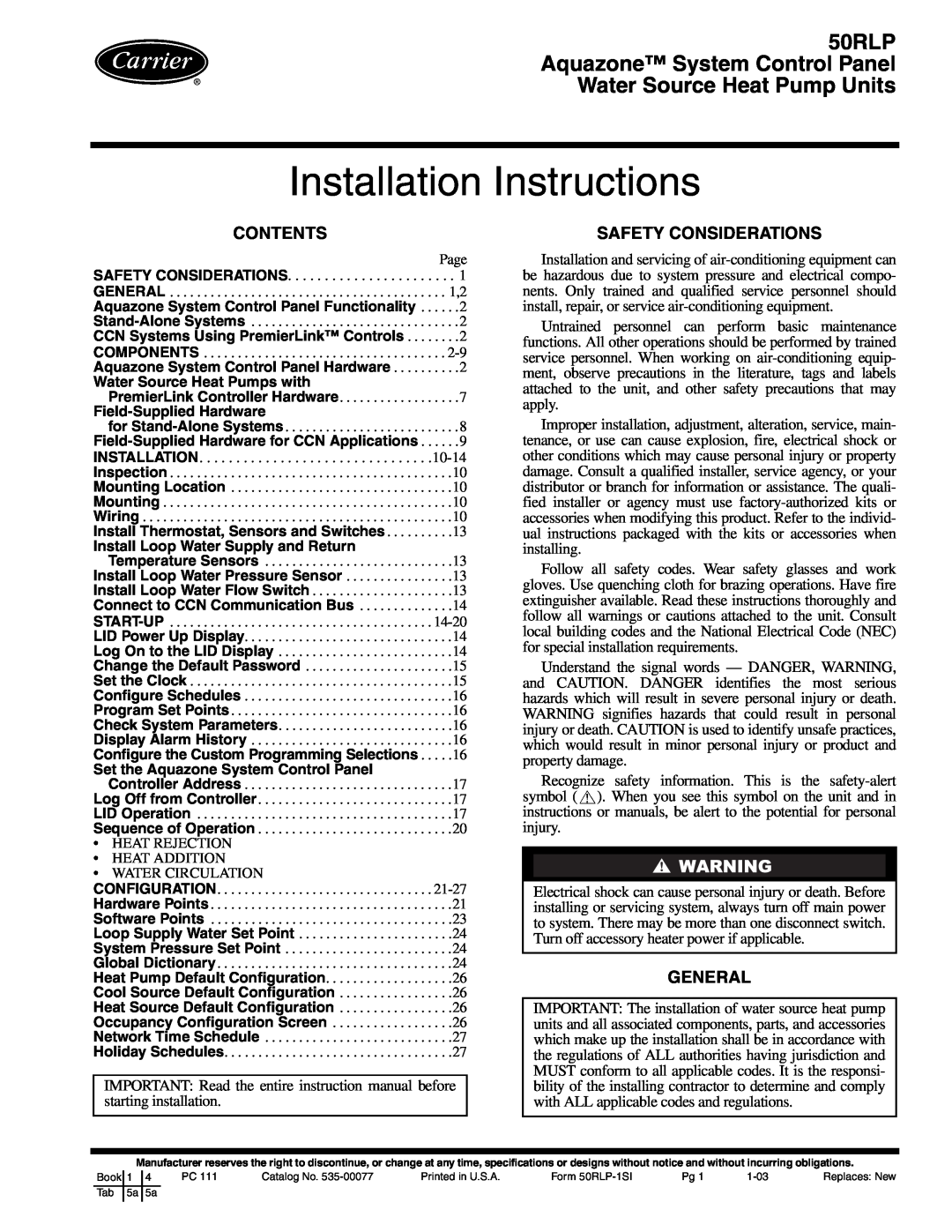 Carrier 50RLP installation instructions Contents, Safety Considerations, General, Water Source Heat Pumps with 