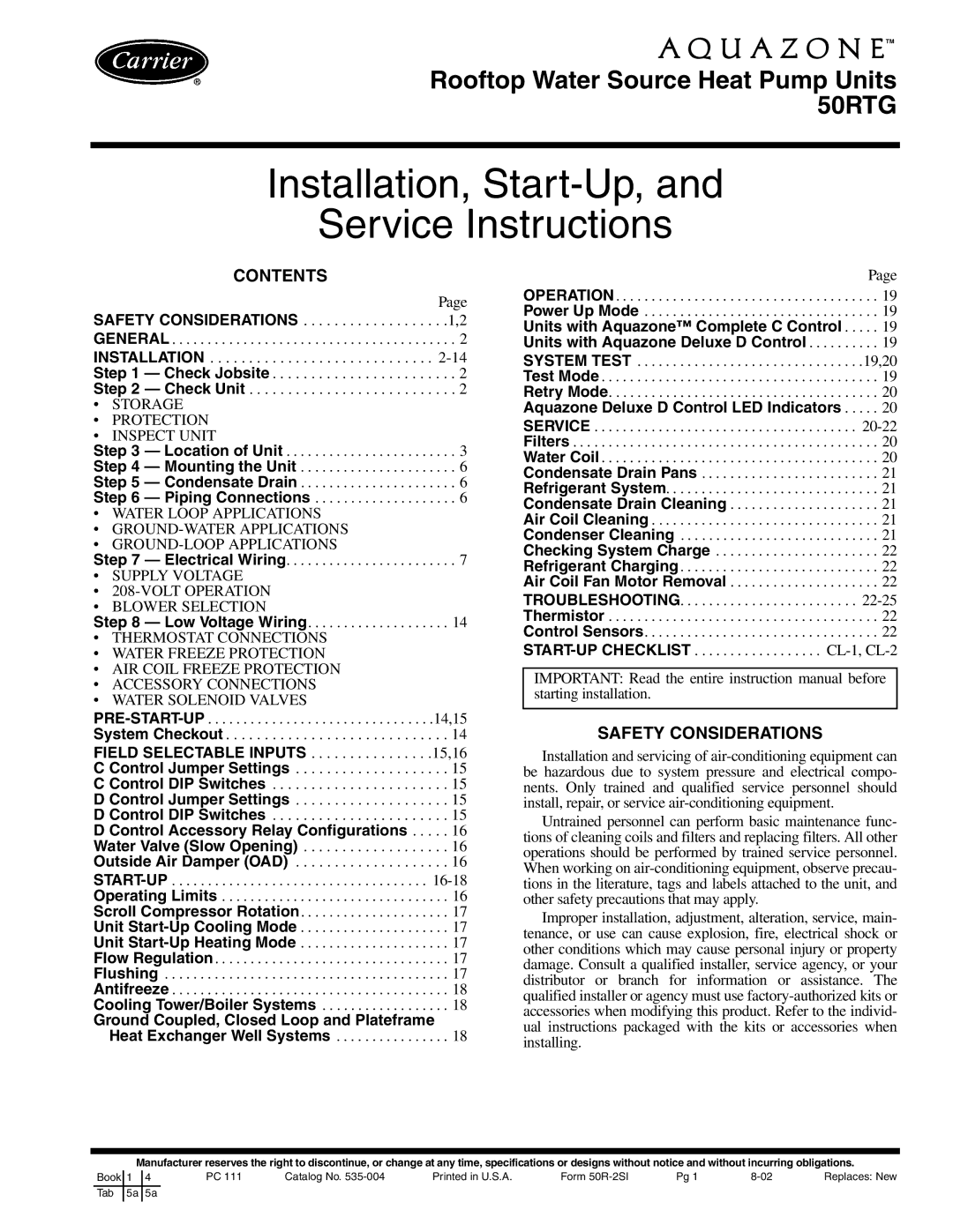 Carrier 50RTG specifications Contents, Safety Considerations 