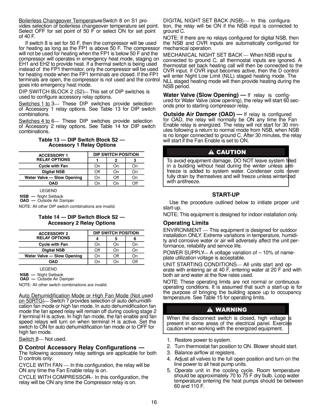 Carrier 50RTG specifications Control Accessory Relay Configurations, Start-Up, Operating Limits 