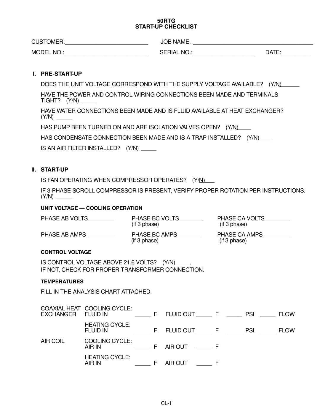 Carrier specifications 50RTG START-UP Checklist, Ii. Start-Up 