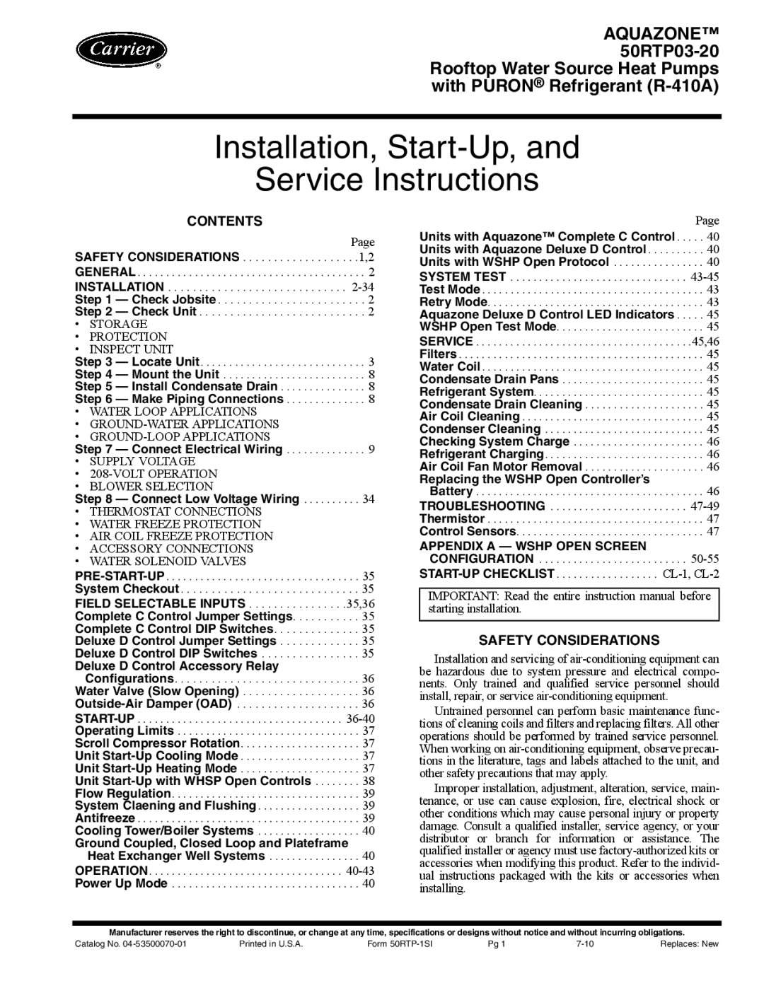 Carrier 50RTP03-20 specifications Contents, Safety Considerations 