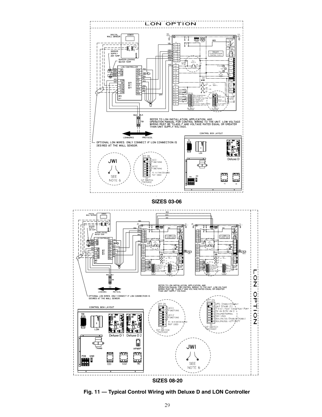 Carrier 50RTP03-20 specifications Sizes, Typical Control Wiring with Deluxe D and LON Controller 