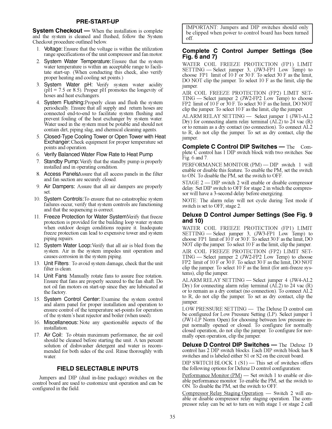 Carrier 50RTP03-20 specifications Pre-Start-Up, Field Selectable Inputs, Complete C Control Jumper Settings See 