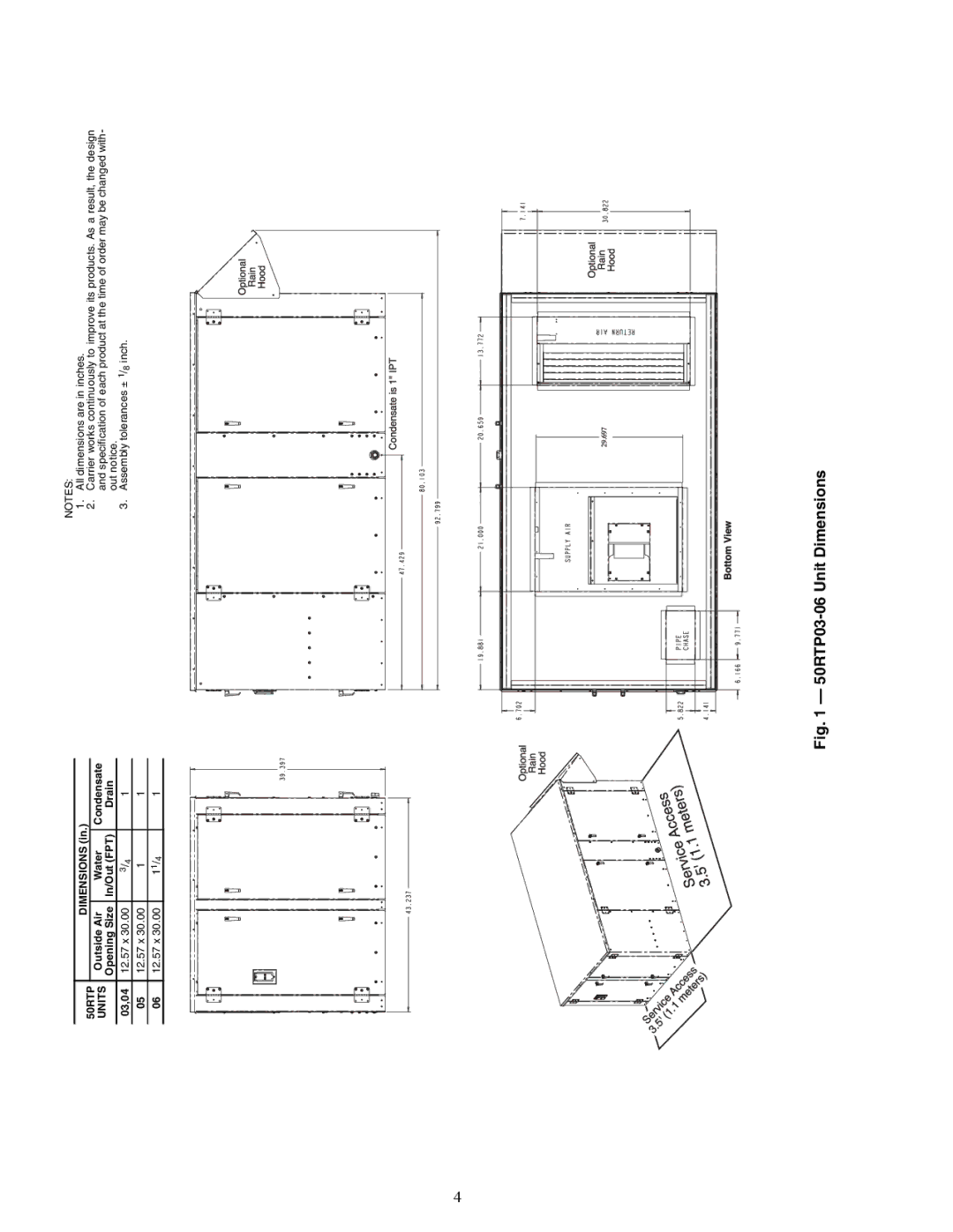 Carrier 50RTP03-20 specifications Dimensions, Outside Air Water Condensate, In/Out FPT Drain 03,04 12.57 x 