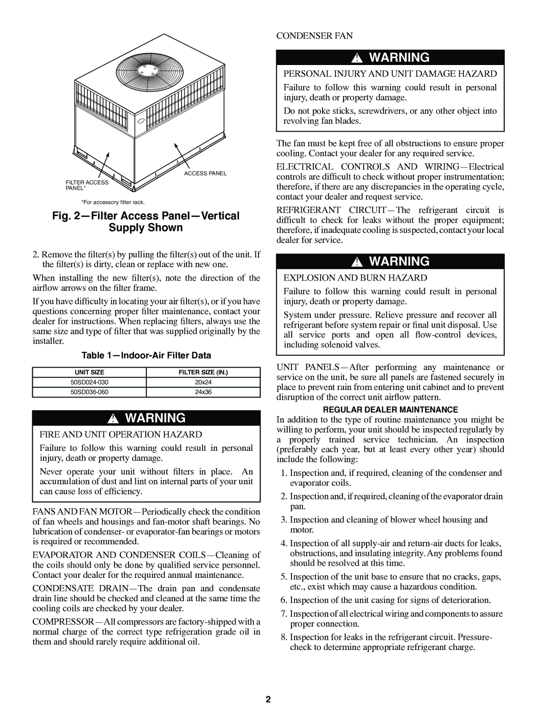 Carrier 50SD manual Fire and Unit Operation Hazard, Condenser FAN Personal Injury and Unit Damage Hazard 