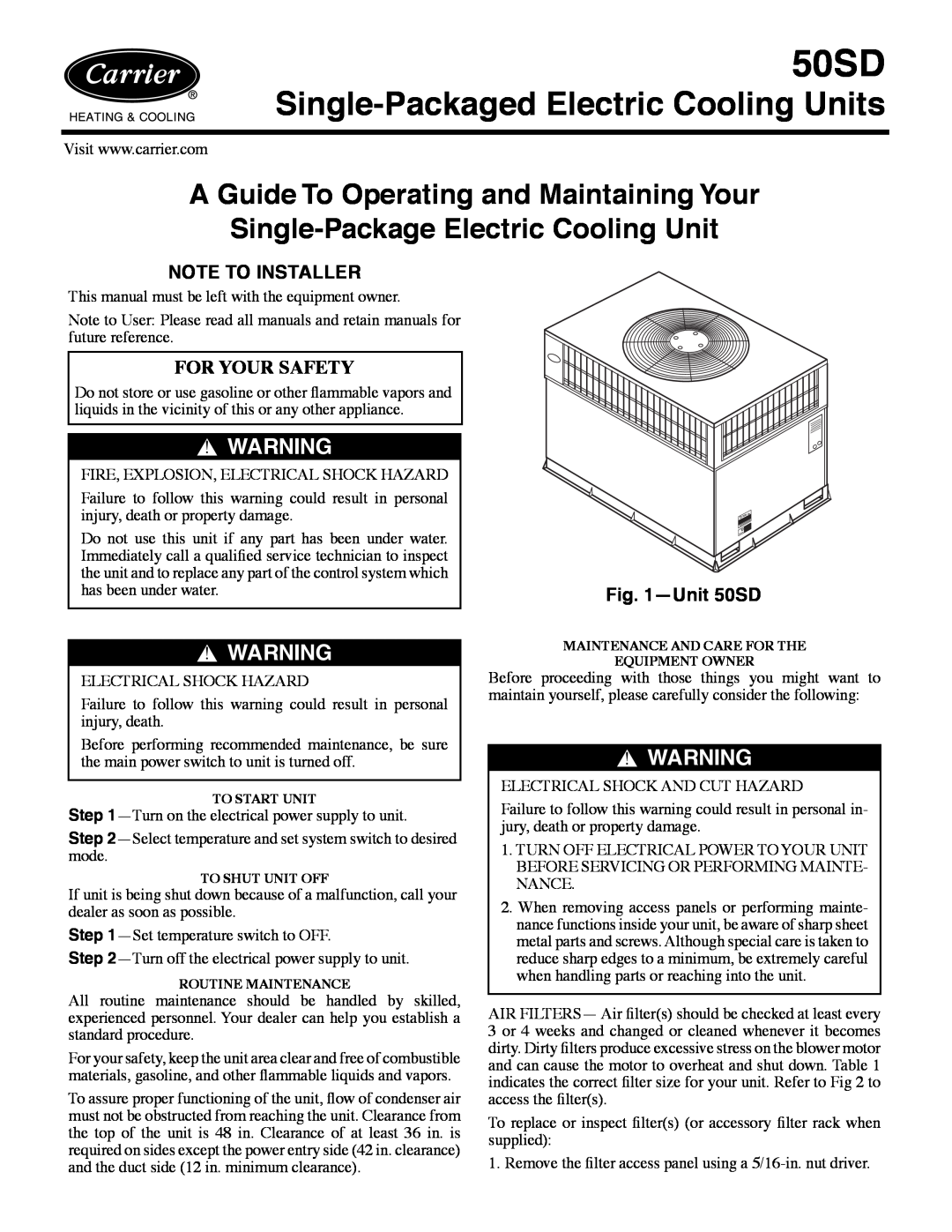 Carrier manual Note To Installer, Unit 50SD, Single-Packaged Electric Cooling Units, For Your Safety 