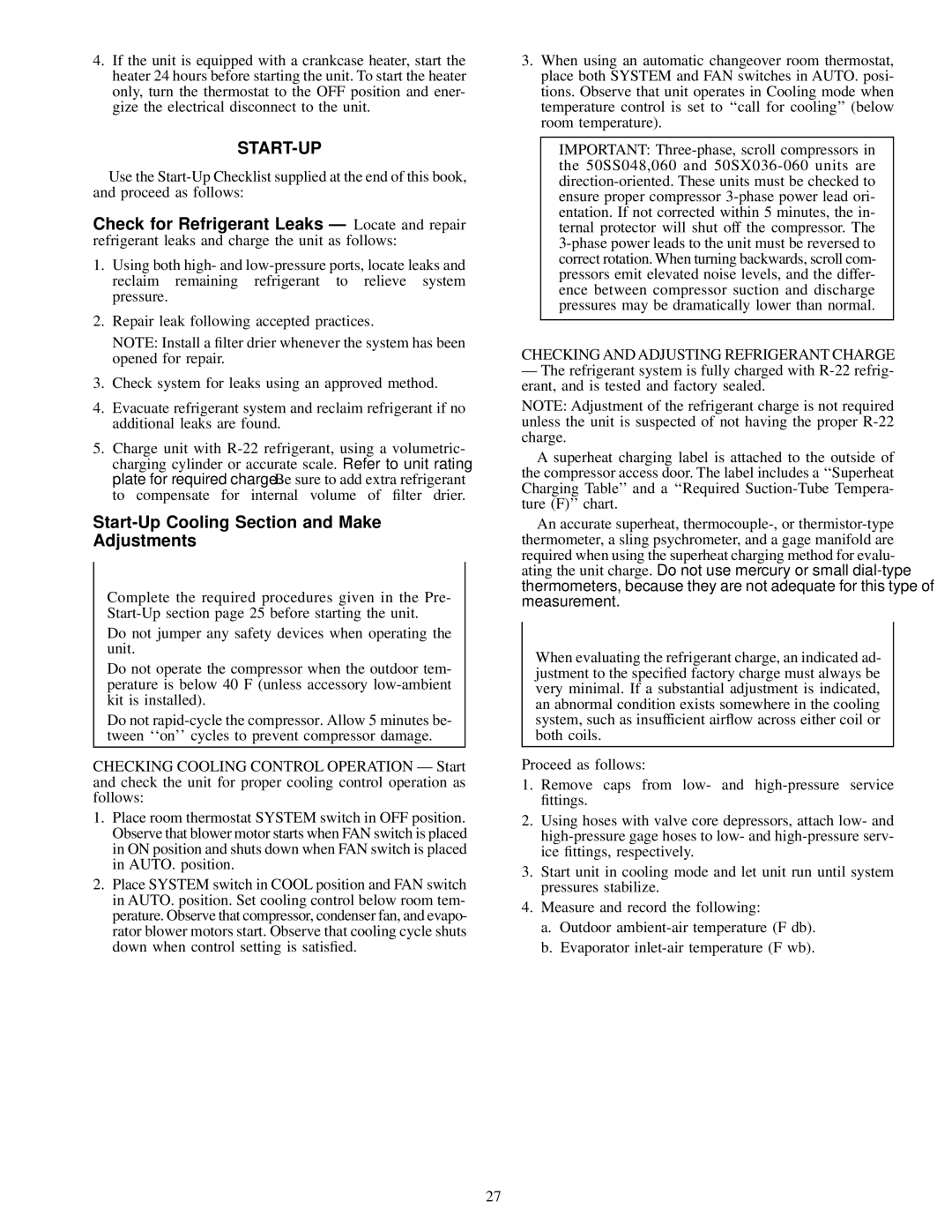 Carrier 50SS018-060, 50SX024-060 owner manual Start-Up Cooling Section and Make Adjustments 