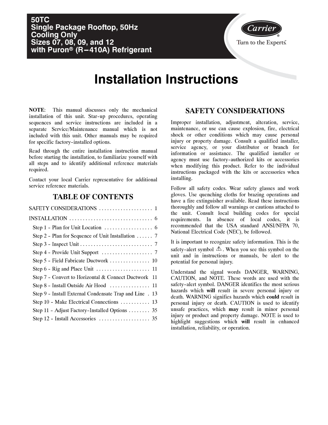 Carrier 50TC installation instructions Installation Instructions 