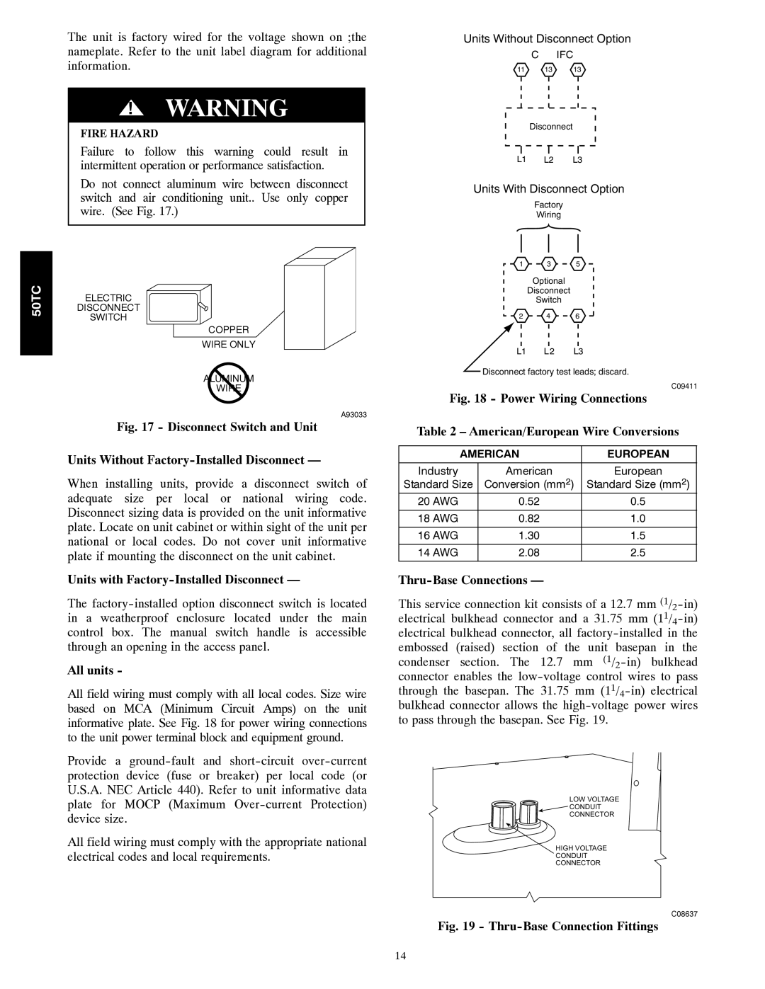 Carrier 50TC installation instructions Units with Factory-Installed Disconnect, All units, Thru-Base Connections 