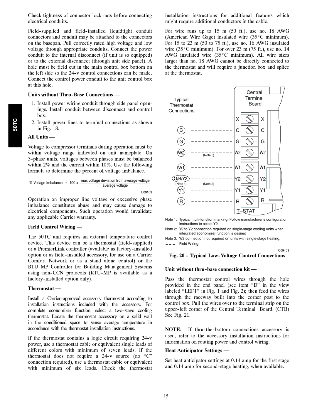 Carrier 50TC Units without Thru-Base Connections, Field Control Wiring, Thermostat, Heat Anticipator Settings 