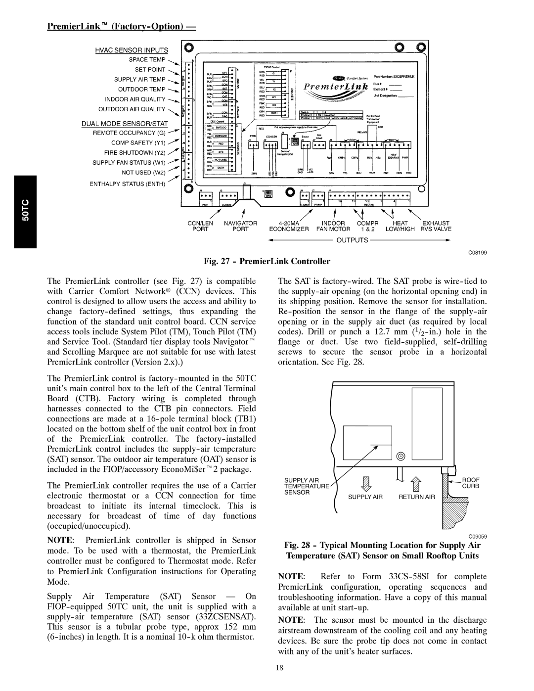 Carrier 50TC installation instructions PremierLinkt Factory-Option, PremierLink Controller 