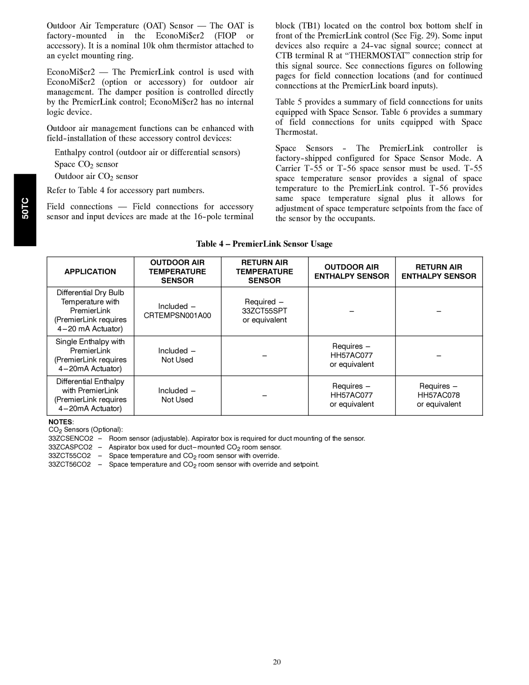 Carrier 50TC installation instructions PremierLink Sensor Usage, 33ZCT55SPT CRTEMPSN001A00 