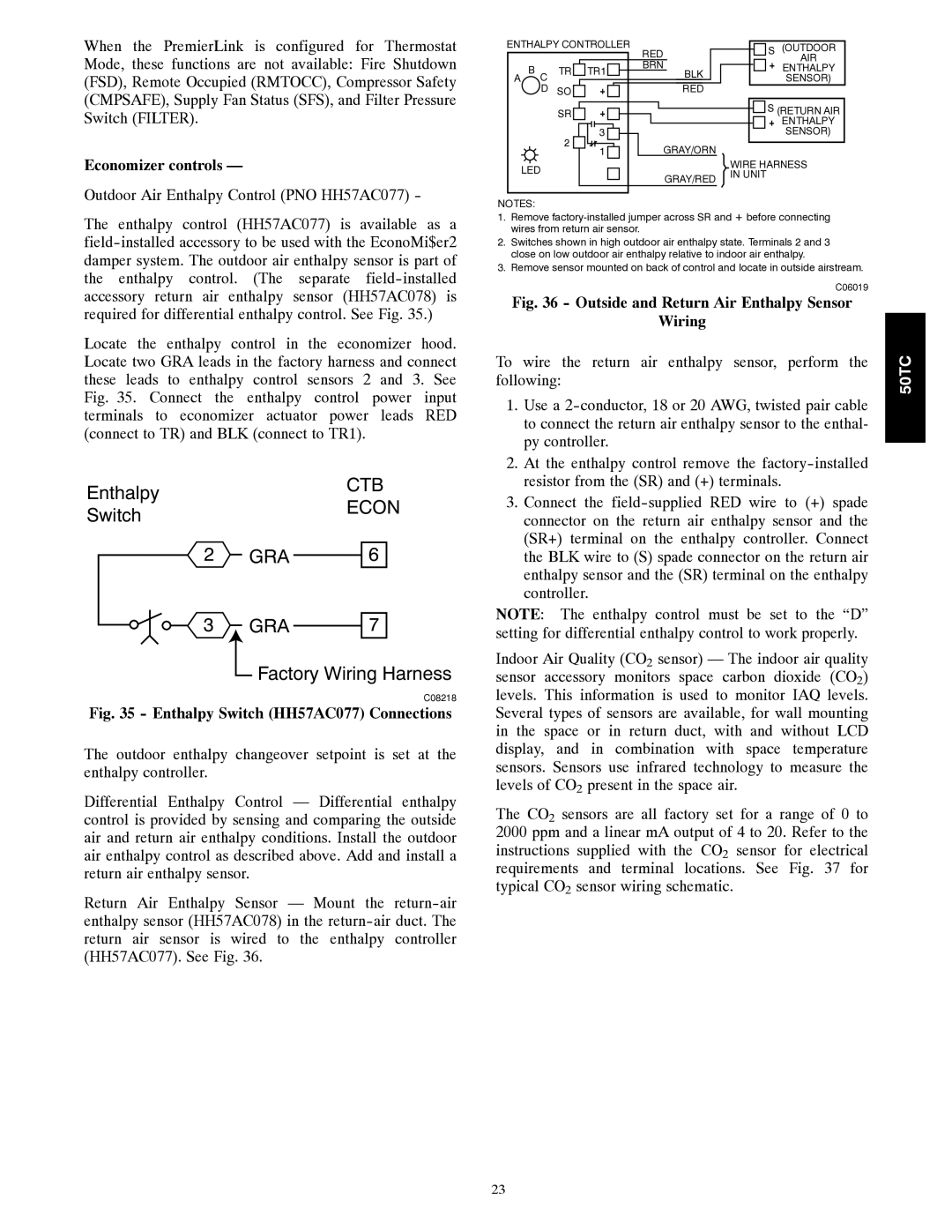 Carrier 50TC installation instructions Economizer controls, Enthalpy Switch HH57AC077 Connections 