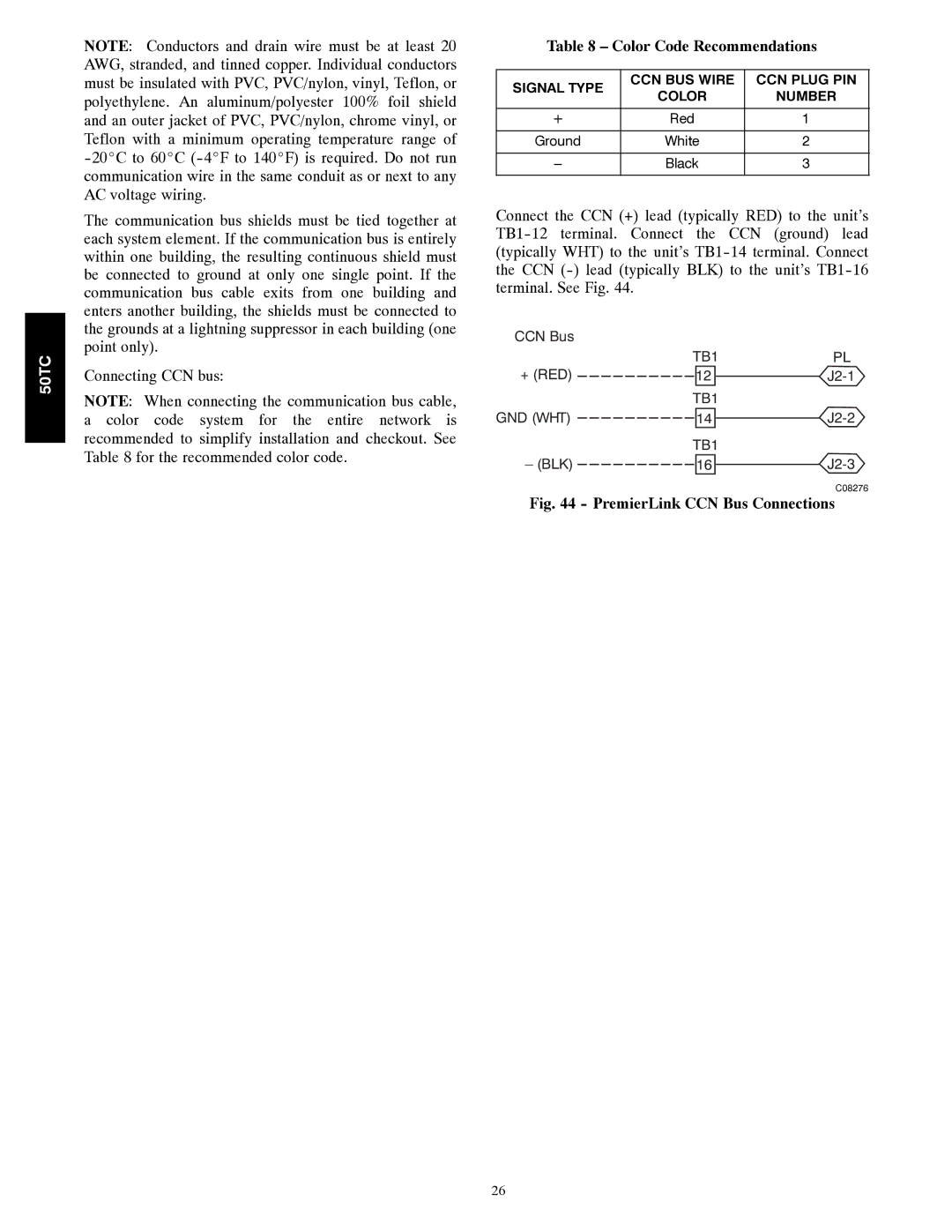 Carrier 50TC installation instructions Color Code Recommendations, PremierLink CCN Bus Connections 